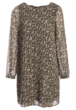 Lange mouw olijfgroene jurk met kleine witte en zwarte bloemenprint, geplooide voorkant en semi-transparante mouwen met knoopmanschetten.