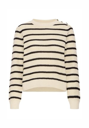 Pull en tricot crème avec des rayures horizontales noires, bords côtes aux poignets et à l'ourlet, col rond, et détails de boutons sur une épaule.