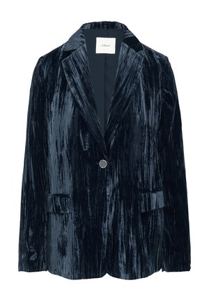 Donkerblauwe fluwelen blazer met een gestructureerde afwerking, enkele knoopsluiting, notch-lapels en twee voorzakken. Zachte binnenvoering.