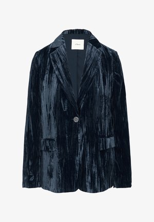 Donkerblauwe fluwelen blazer met een gestructureerde afwerking, enkele knoopsluiting, notch-lapels en twee voorzakken. Zachte binnenvoering.