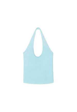 Haut sans manches bleu clair à encolure plongeante devant et larges bretelles, présenté sur fond blanc.