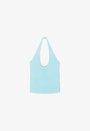 Light blue sleeveless halter top with a deep front neckline and wide straps, displayed on a white background.
