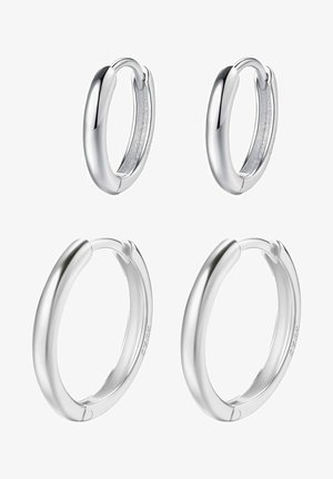 Silver hoop earrings in two sizes featuring a smooth, polished finish and a seamless design. Inner side has textured detailing.
