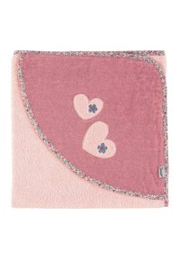 Cotton blend blanket with a pink and lavender color scheme. Features embroidered hearts and floral trim along the edge. Soft texture.