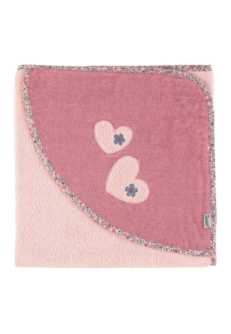 Cotton blend blanket with a pink and lavender color scheme. Features embroidered hearts and floral trim along the edge. Soft texture.