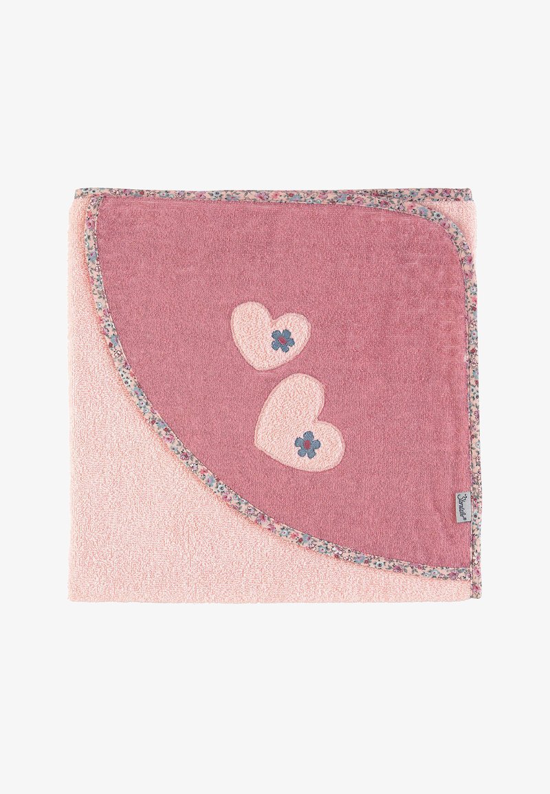 Cotton blend blanket with a pink and lavender color scheme. Features embroidered hearts and floral trim along the edge. Soft texture.