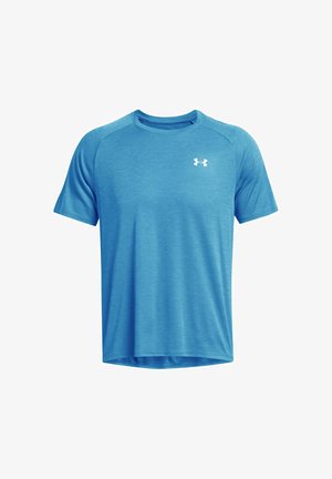 Niebieska sportowa koszulka wykonana z lekkiego, oddychającego materiału. Posiada krótkie rękawy, okrągły dekolt i małe białe logo na piersi.