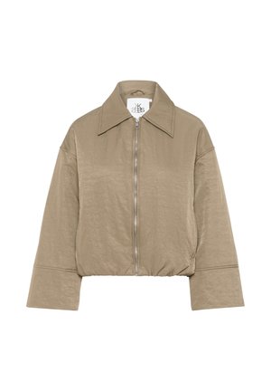 Cropped jacket in light taupe, featuring a smooth texture, wide collar, front zipper closure, and loose, wide sleeves.