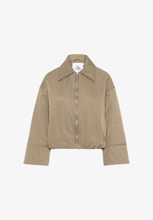 Giacca cropped in taupe chiaro, caratterizzata da una superficie liscia, ampia colletto, chiusura con zip frontale e maniche ampie e larghe.