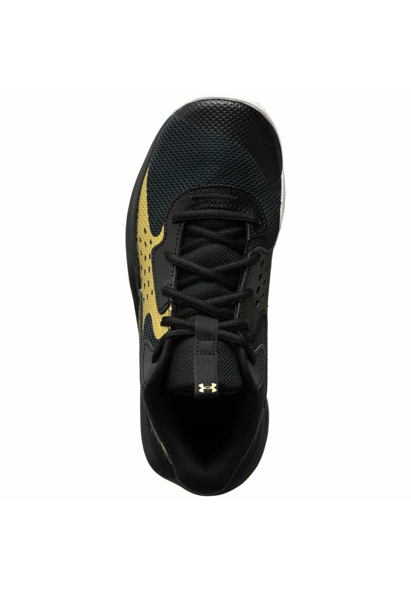 Baskets de sport noires avec dessus en maille et accents dorés. Dotées d'un laçage, d'une semelle en caoutchouc et d'un embout texturé pour une meilleure durabilité.