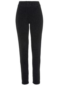 Donkergrijze, nauwsluitende broeken van zachte stof, met een elastische tailleband en een gladde textuur, ontworpen voor comfort en flexibiliteit.