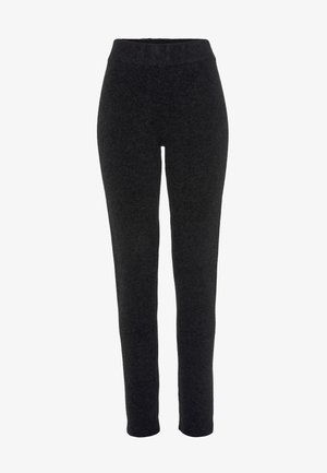 Donkergrijze, nauwsluitende broeken van zachte stof, met een elastische tailleband en een gladde textuur, ontworpen voor comfort en flexibiliteit.