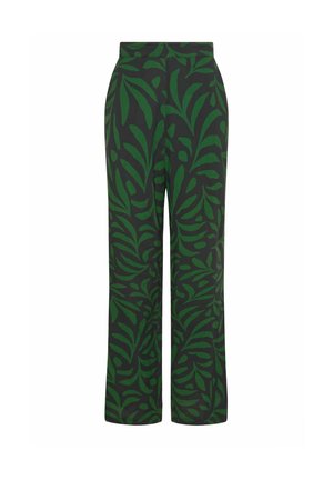 Sorte bukser med vide ben, mørkegrønt abstrakt bladmønster, høj talje og lige pasform.