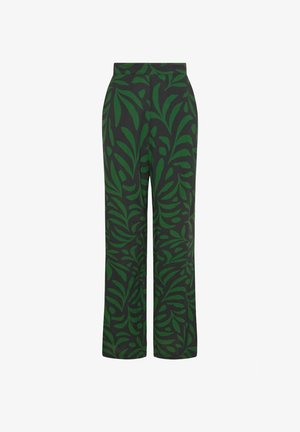 Zwarte broek met wijde pijpen en donker groen abstract bladpatroon, hoge taille en rechte pasvorm.
