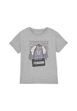 Gray t-shirt featuring a cartoon villain with a fur collar and chains in front of a height chart holding a "Gotham Police Penguin" sign.