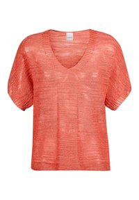 Korallenfarbener gestrickter Pullover mit V-Ausschnitt, kurzen Ärmeln und lockerer Passform, der aus einem strukturierten Stoff besteht, der das Licht reflektiert.