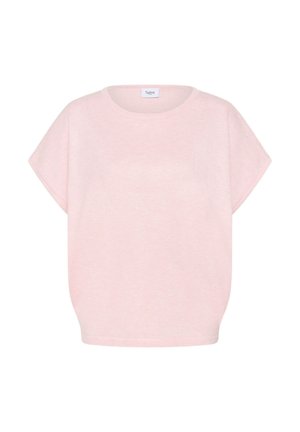 Haut en maille rose clair à manches courtes avec un col rond, coupe ample, et une étiquette de la marque Saint à l'intérieur du col.