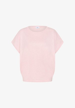 Haut en maille rose clair à manches courtes avec un col rond, coupe ample, et une étiquette de la marque Saint à l'intérieur du col.