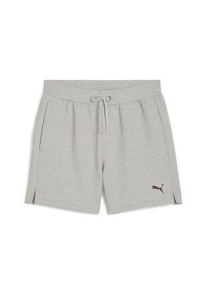 Graue Baumwoll-Sportshorts mit einem elastischen Bund, einem Kordelzug, seitlichen Taschen und einem burgunderfarbenen Puma-Logo auf der unteren linken Seite.