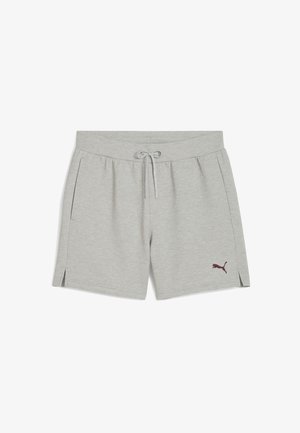 Graue Baumwoll-Sportshorts mit einem elastischen Bund, einem Kordelzug, seitlichen Taschen und einem burgunderfarbenen Puma-Logo auf der unteren linken Seite.