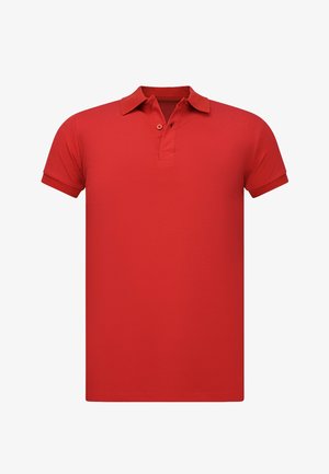 Rode polo met korte mouwen, voorzien van een knoopsluiting met twee knopen en een kraag, weergegeven op een witte achtergrond.