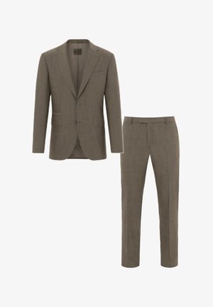 Bruin twee-delig suit met een gestructureerde stof, een enkel-breasted blazer met notch revers en rechte pijpen.