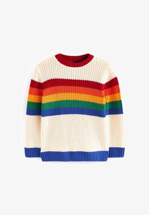 Jersey de punto crema con rayas horizontales en rojo, naranja, amarillo, verde y azul en el pecho y puños y dobladillo azules.