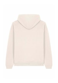 Haut à capuche beige clair avec une texture douce, capuche réglable, poignets et ourlet côtelés. Offre une coupe décontractée et ne présente aucune impression ni logo visible.