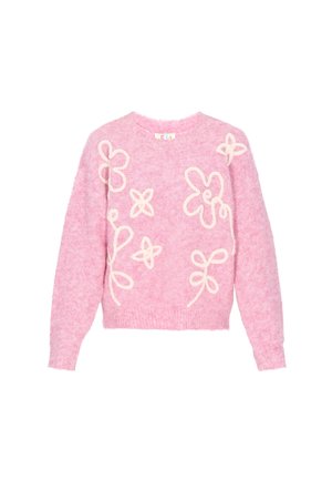 Růžový pletený svetr s měkkou texturou, kulatým výstřihem a dekorativními krémovými květinovými aplikacemi na přední straně.