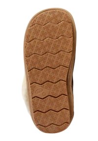 Suola di scarpa in gomma marrone con superficie testurizzata caratterizzata da motivi a zigzag e un logo in rilievo; punta rotonda e leggera curvatura al tallone.
