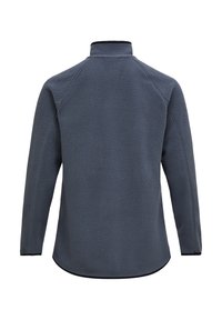 Dark gray fleece jacket with long sleeves, high collar, and curved hem, shown from the back on a white background.