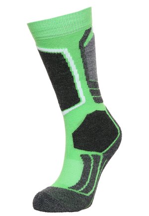 Grüne und graue Socke mit einem geometrischen Design, verstärkter Zehen- und Fersenpartie. Der Oberschenkel ist gerippt und der Stoff wirkt texturiert und strapazierfähig.