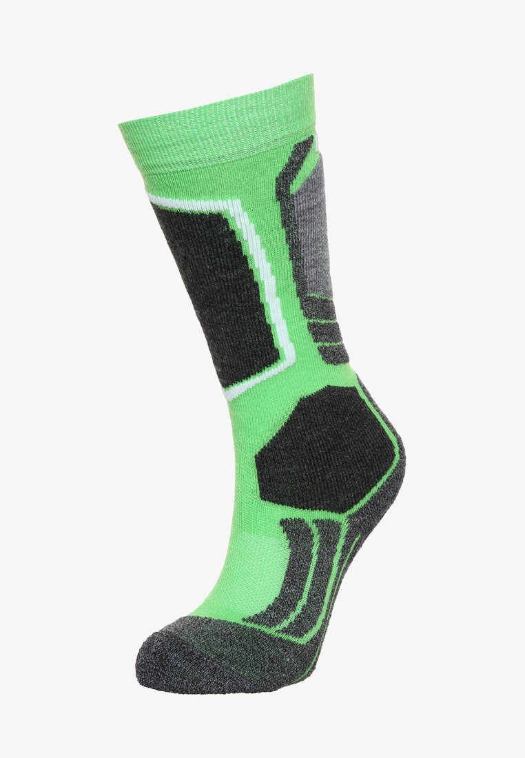 Calzino verde e grigio con un design geometrico, punta e tallone rinforzati. La parte superiore è a coste e il tessuto appare testurizzato e resistente.