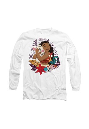 White long-sleeve shirt featuring a colorful graphic of a girl hugging a pig, surrounded by flowers and tropical patterns in various colors.