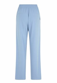 Light blue, wide-leg pants with an elastic waistband and two back pockets. Made from soft fabric with a smooth texture.