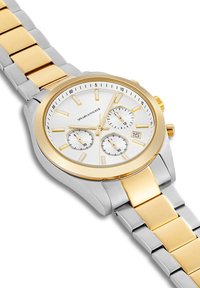 Reloj de acero inoxidable en tonos plateado y dorado con un dial blanco, tres subdiales y una pantalla de fecha. Incluye una pulsera enlazada y marcadores luminosos.