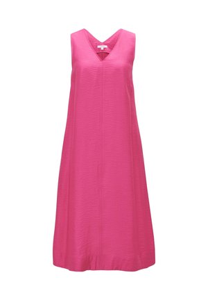 Sleeveless pink dress with a V-neck, A-line silhouette, and textured fabric. Features a center seam for added detail.