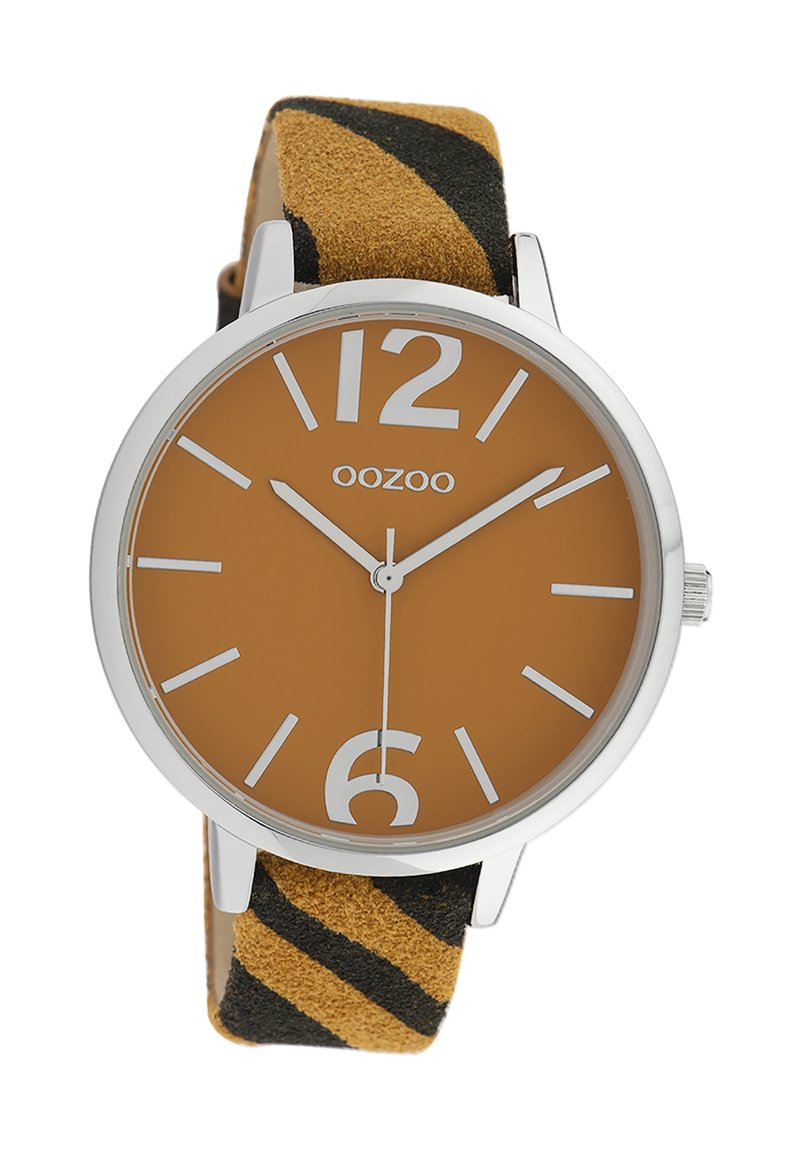 Round silver watch with a brown face, white hour markers, and a fabric strap featuring yellow and black stripes.