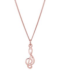 Collana in oro rosa con un pendente a forma di chiave musicale, catena fine e texture liscia. Presenta il marchio '925' che indica il contenuto di argento.