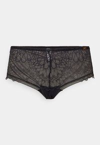 Black lace brief featuring a floral pattern, scalloped edges, and a solid black waistband. Made from a sheer lace material with soft texture.