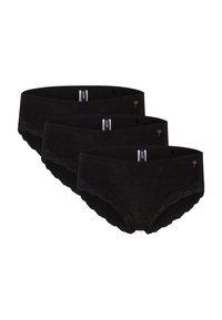 Trois paires de culottes noires en coton avec bordure en dentelle, offrant une finition lisse et un léger stretch pour le confort. Accent logo doré sur chaque pièce.