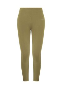 Leggings verde oliva con una texture liscia e un alto elastico in vita. Presentano un discreto dettaglio del logo vicino alla vita.