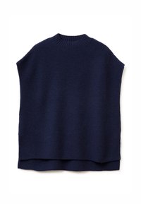 Námořnický pletený svetr s vysokým límcem a širokými, krátkými rukávy. Obsahuje texturovaný žebrovaný vzor podél ramen a lemu.