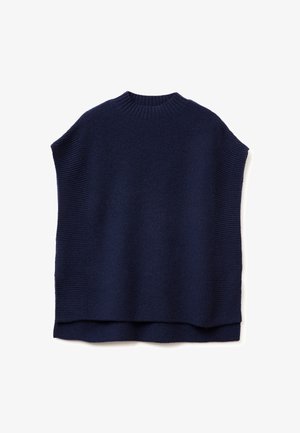 Maglione lavorato a maglia blu navy con collo alto e maniche larghe e corte. Presenta un motivo a costine testurizzato lungo le spalle e l'orlo.