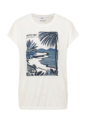 Camiseta blanca de manga corta con estampado azul de playa tropical, palmeras y texto "SELFCARE wellness no es una tendencia."