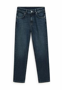 Donkerblauwe denim jeans met een recht pijpontwerp, vijf zakken en hardware in zilverkleur. Voorzien van een gladde textuur, minimale vervaging en zonder patronen.