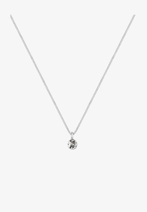 Silver chain necklace featuring a round, clear crystal pendant. Pendant is attached with a simple loop at the center of the chain.