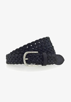 Schwarzer, geflochtener Leder Gürtel mit einer silberfarbenen Metallschnalle und einer strukturierten Oberfläche. Dezente Details am Schnallenriegel.