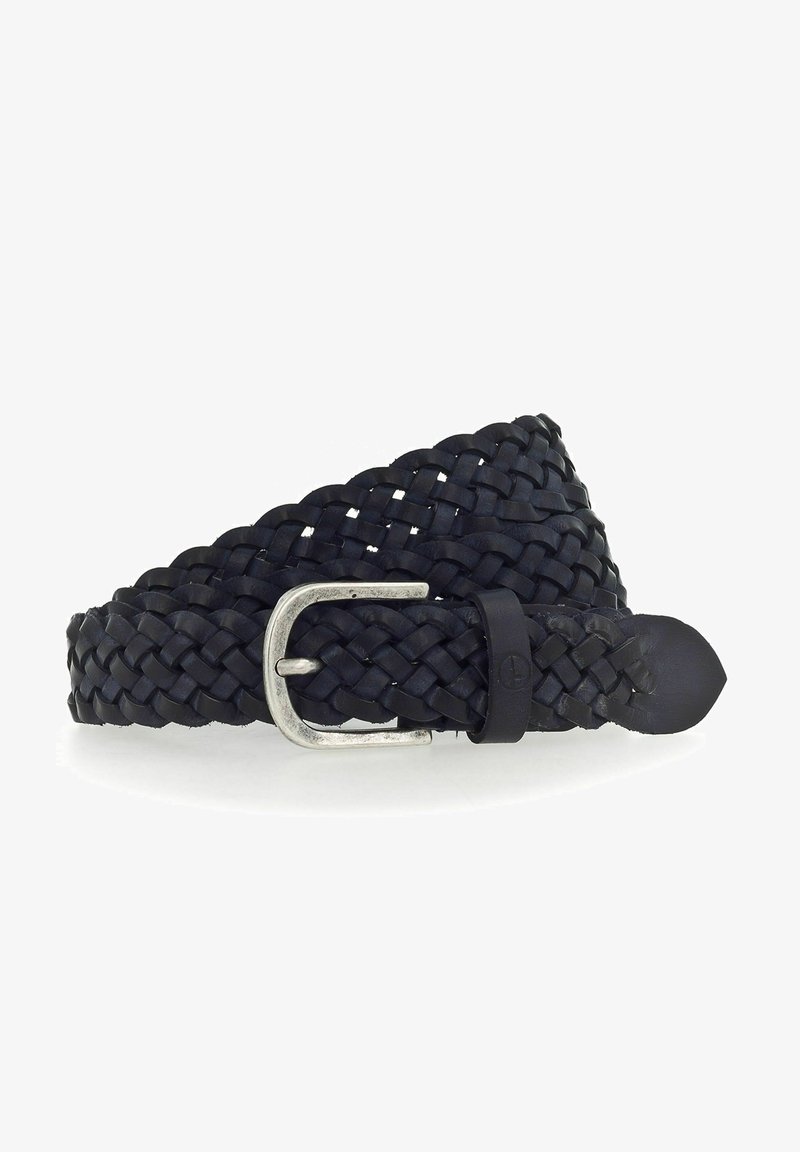 Schwarzer, geflochtener Leder Gürtel mit einer silberfarbenen Metallschnalle und einer strukturierten Oberfläche. Dezente Details am Schnallenriegel.