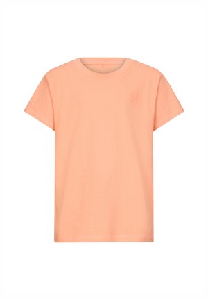 T-shirt a maniche corte di colore pesca chiaro, realizzata in cotone, con scollo rotondo e un logo discreto sul petto.